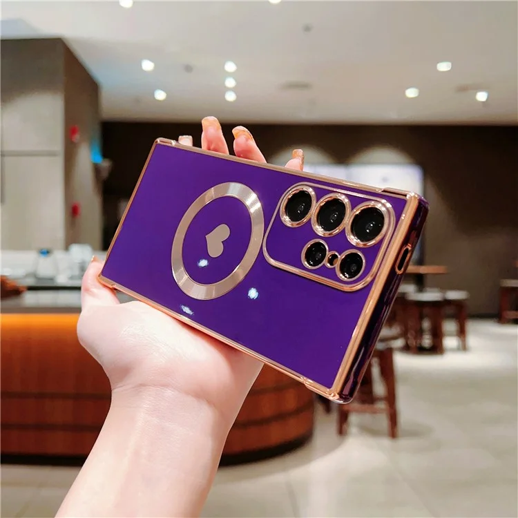 Für Samsung Galaxy S24 Ultra Magnetisches Handy-Etui Elektroplattierung Herz TPU-Abdeckung - Dunkelviolett