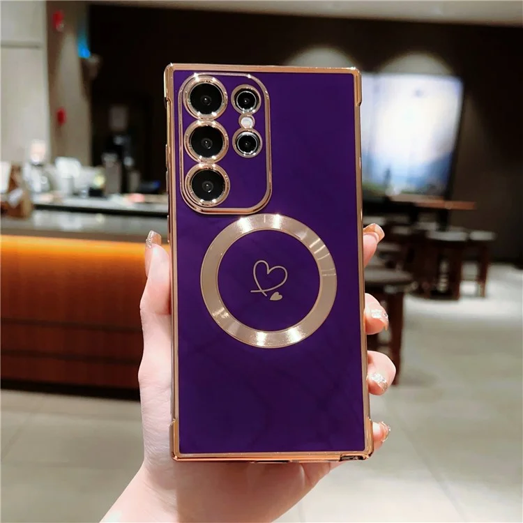 Für Samsung Galaxy S24 Ultra Magnetisches Handy-Etui Elektroplattierung Herz TPU-Abdeckung - Dunkelviolett