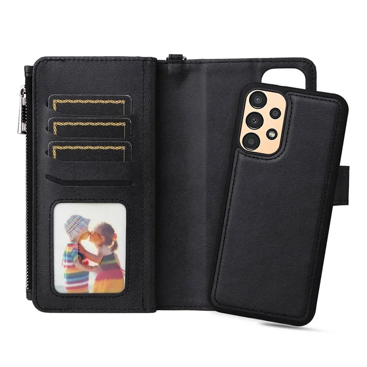 For Samsung Galaxy A13 4G Magnetic Leather Case Mobile Cover with Detachable Zipper Wallet Strap - Black