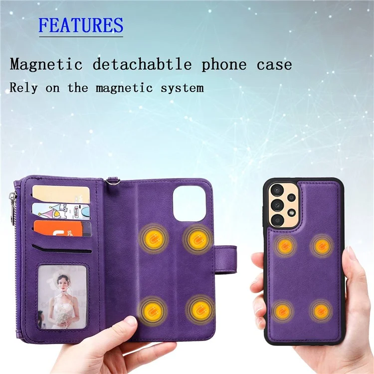 For Samsung Galaxy A13 4G Magnetic Leather Case Mobile Cover with Detachable Zipper Wallet Strap - Black