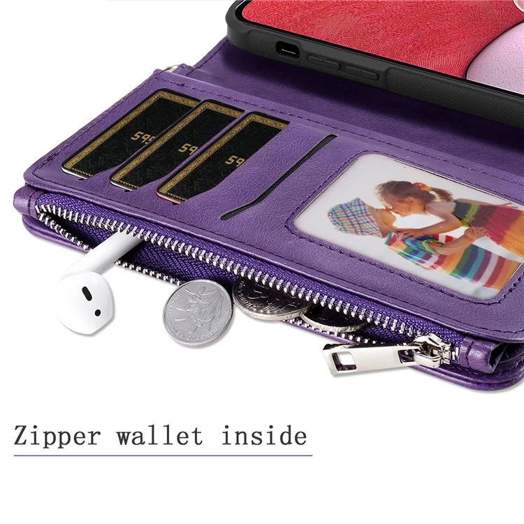 For Samsung Galaxy A13 4G Magnetic Leather Case Mobile Cover with Detachable Zipper Wallet Strap - Black