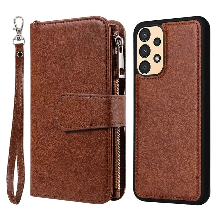 KT Multifunktionaler Serie-4 Für Samsung Galaxy A13 4G Schockfeste Telefonabdeckung Verstellbarer Stand PU Leder Brieftasche Mit Reißverschluss Intasche - Braun