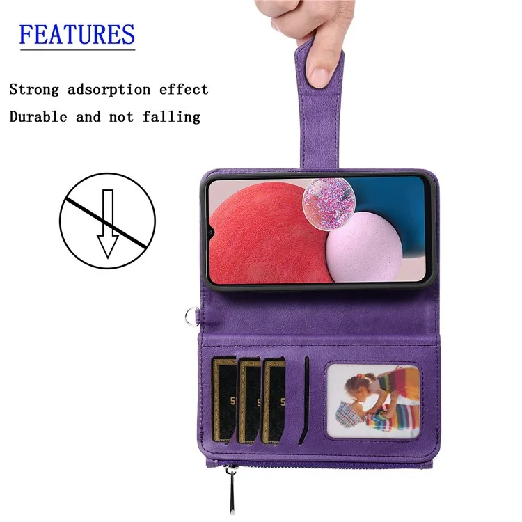 KT Multifunktionaler Serie-4 Für Samsung Galaxy A13 4G Schockfeste Telefonabdeckung Verstellbarer Stand PU Leder Brieftasche Mit Reißverschluss Intasche - Braun