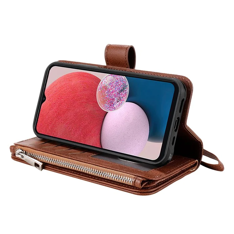 KT Multifunktionaler Serie-4 Für Samsung Galaxy A13 4G Schockfeste Telefonabdeckung Verstellbarer Stand PU Leder Brieftasche Mit Reißverschluss Intasche - Braun