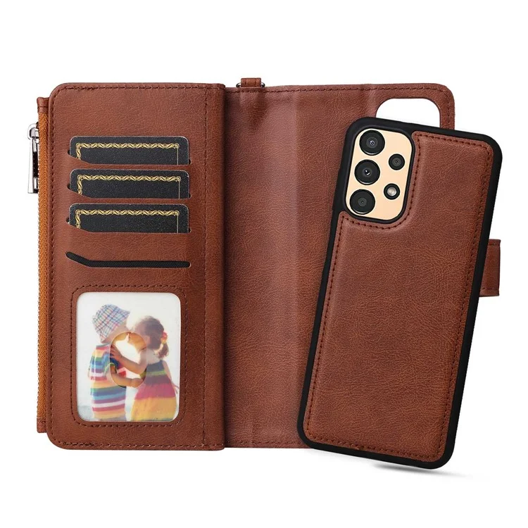 KT Multifunktionaler Serie-4 Für Samsung Galaxy A13 4G Schockfeste Telefonabdeckung Verstellbarer Stand PU Leder Brieftasche Mit Reißverschluss Intasche - Braun