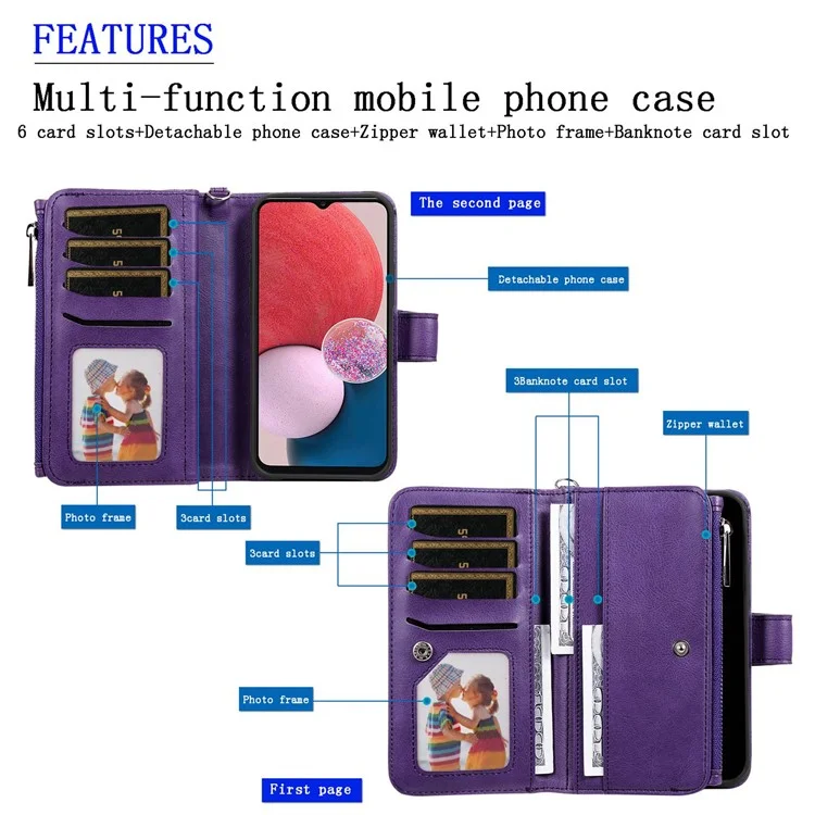 KT Multifunktionaler Serie-4 Für Samsung Galaxy A13 4G Schockfeste Telefonabdeckung Verstellbarer Stand PU Leder Brieftasche Mit Reißverschluss Intasche - Braun