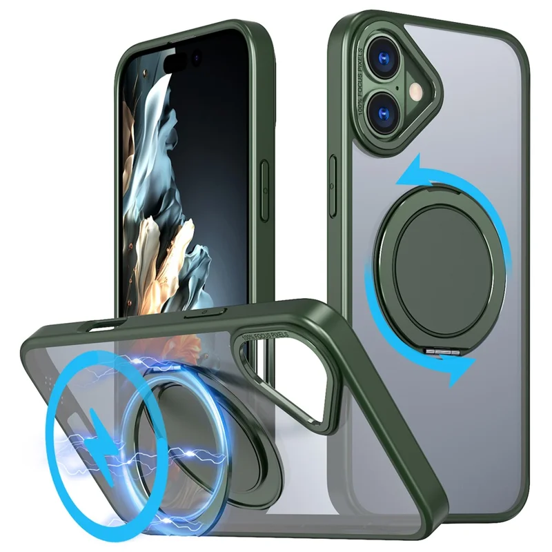 For iPhone 16 Plus Phone Case Ring Kickstand Back Cover Compatible with MagSafe - Blackish Green