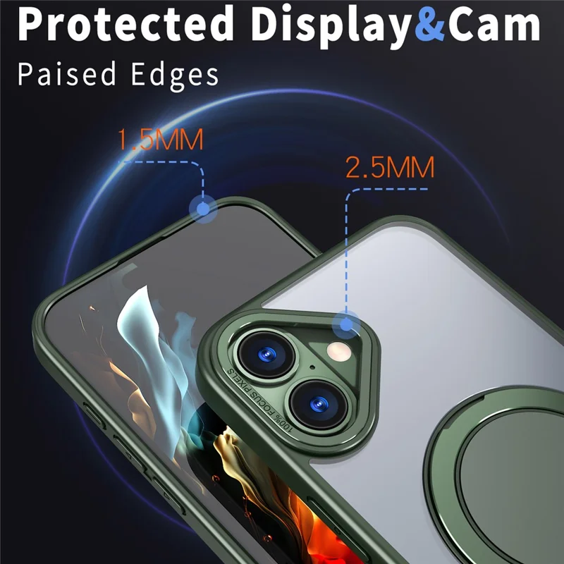 For iPhone 16 Plus Phone Case Ring Kickstand Back Cover Compatible with MagSafe - Blackish Green