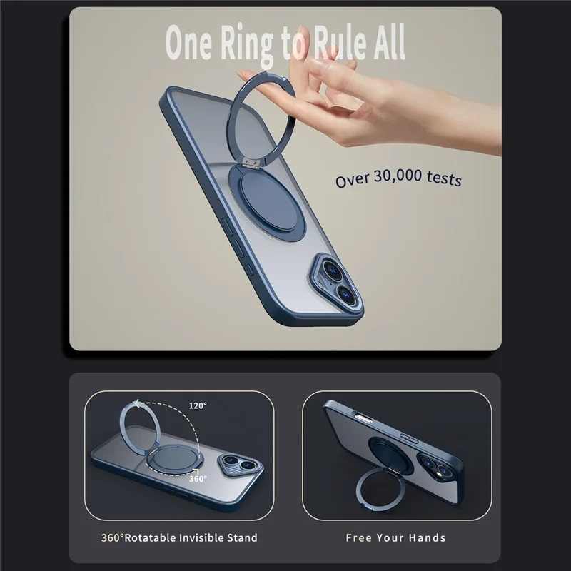 Telefoonhoesje voor iPhone 16 Plus met Ring, Kickstand en Achterkant, Compatibel met MagSafe - Marineblauw