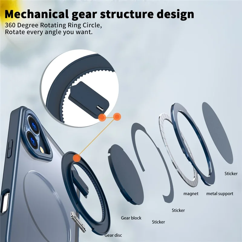 Telefoonhoesje voor iPhone 16 Plus met Ring, Kickstand en Achterkant, Compatibel met MagSafe - Marineblauw