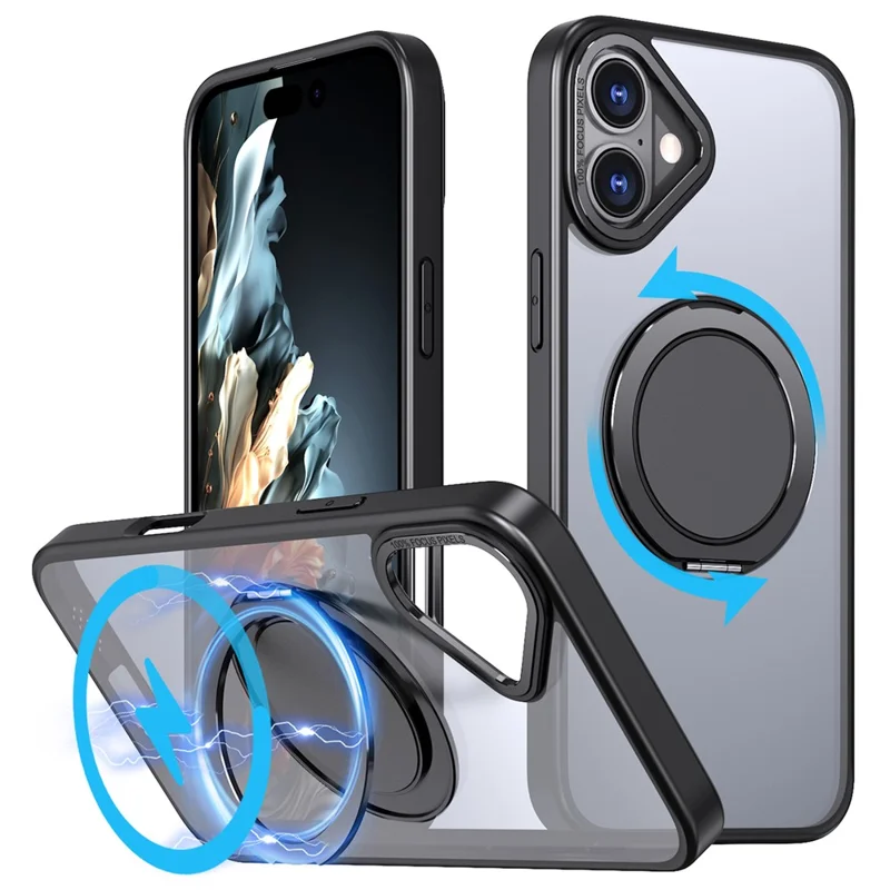 For iPhone 16 Plus Phone Case Ring Kickstand Back Cover Compatible with MagSafe - Black