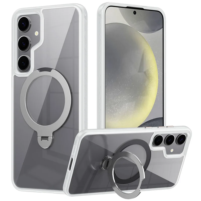 For Samsung Galaxy S24+ Magnetic Case Rotary Ring Kickstand TPU+Acrylic Clear Phone Cover - White