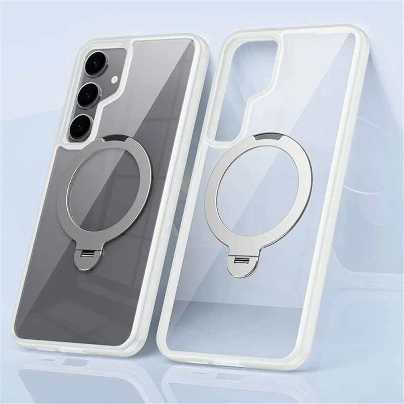 For Samsung Galaxy S24+ Magnetic Case Rotary Ring Kickstand TPU+Acrylic Clear Phone Cover - White