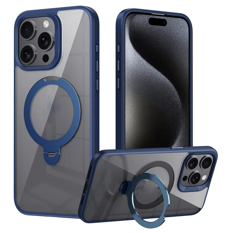 Para iPhone 15 Pro Max Magnetic Clear Case TPU+Acrylic Kickstand Phone Cover - Azul