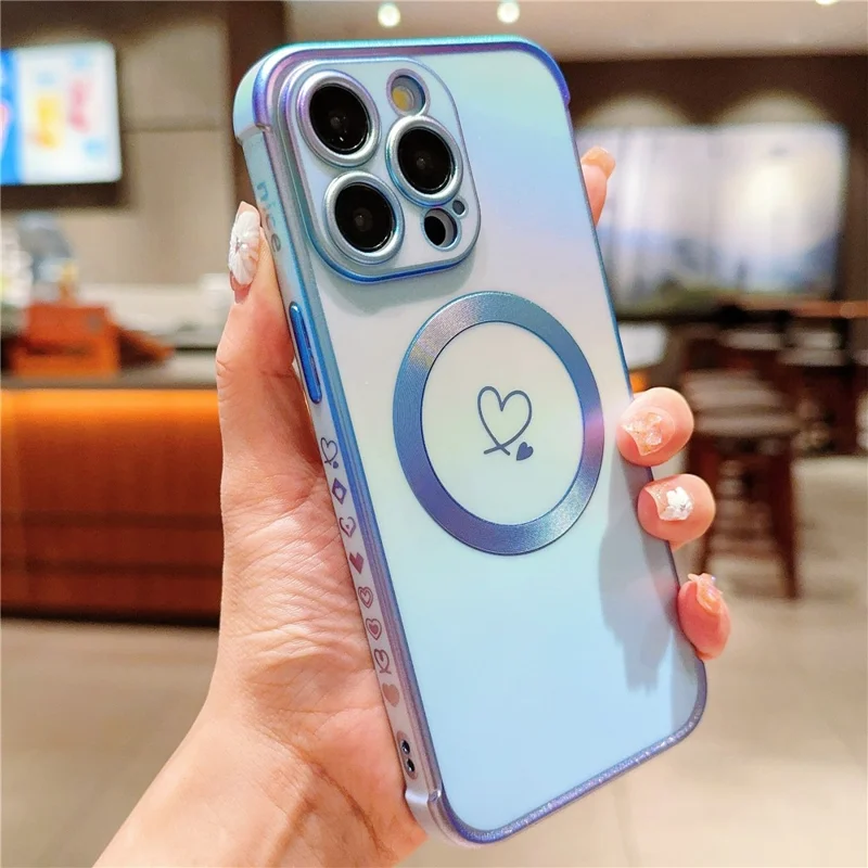 For iPhone 13 Pro Max Magnetic Case Side Love Heart TPU Phone Cover Gradient Holographic - Colorful Blue