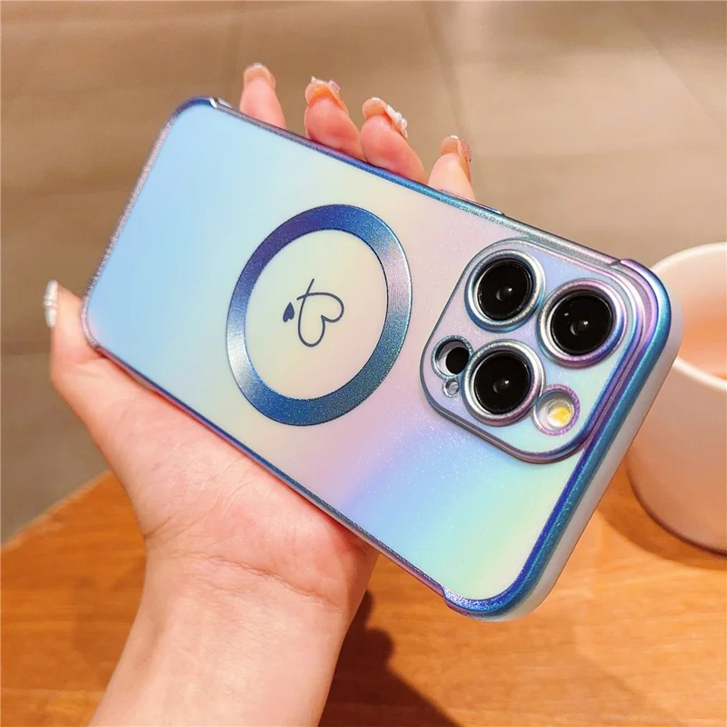 For iPhone 13 Pro Max Magnetic Case Side Love Heart TPU Phone Cover Gradient Holographic - Colorful Blue