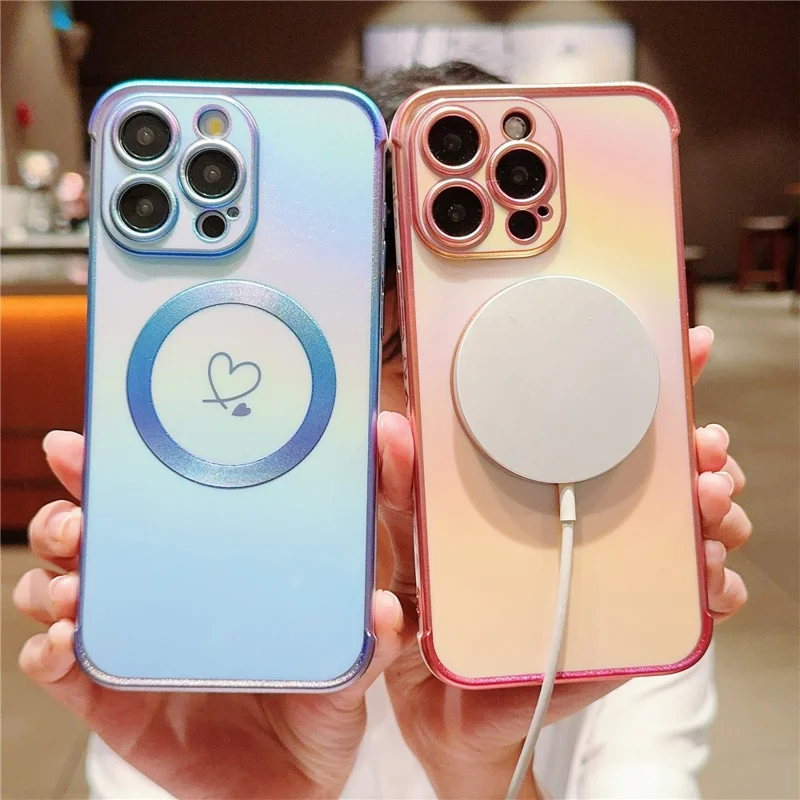 For iPhone 13 Pro Max Magnetic Case Side Love Heart TPU Phone Cover Gradient Holographic - Colorful Blue