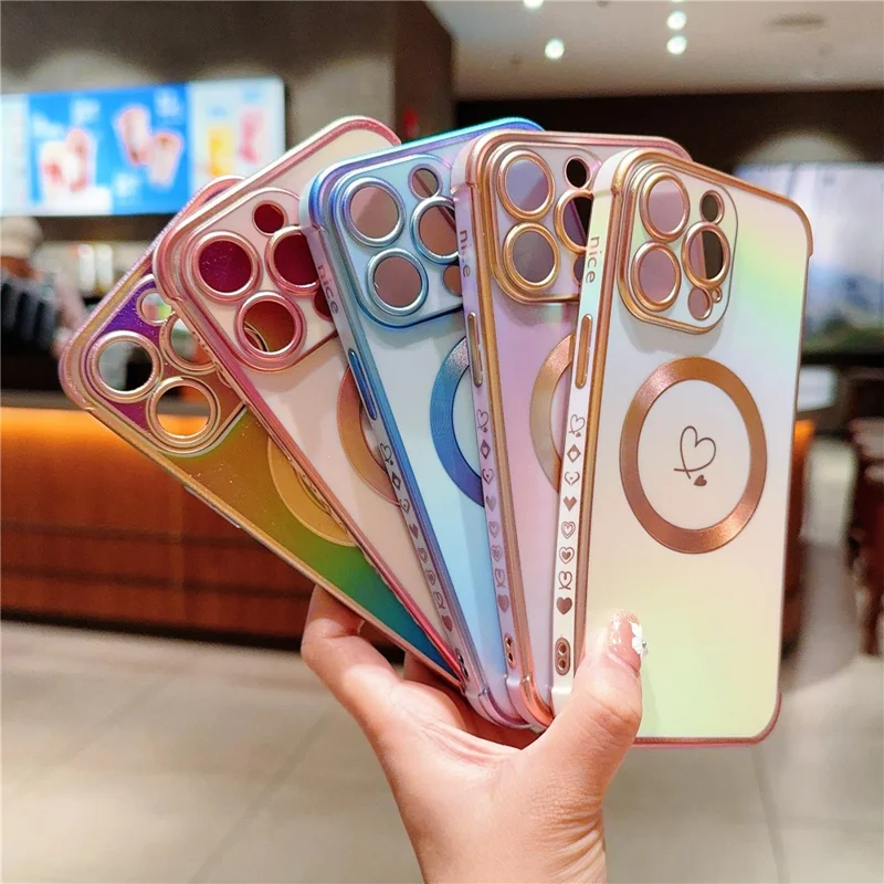For iPhone 13 Pro Max Magnetic Case Side Love Heart TPU Phone Cover Gradient Holographic - Colorful Blue
