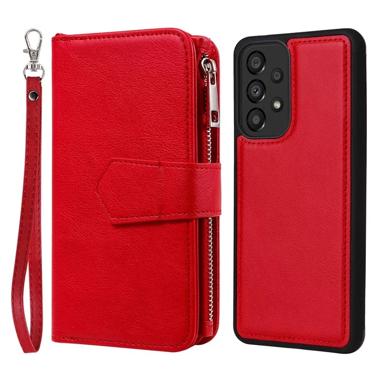 For Samsung Galaxy A33 5G Magnetic Leather Case Mobile Cover with Detachable Zipper Wallet Strap - Red