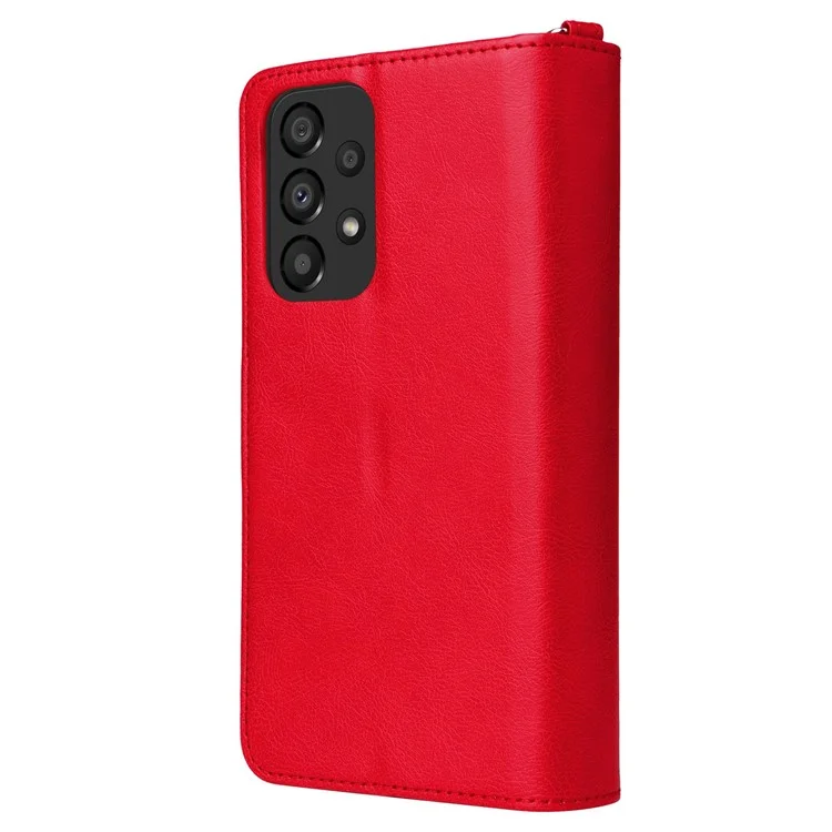 For Samsung Galaxy A33 5G Magnetic Leather Case Mobile Cover with Detachable Zipper Wallet Strap - Red
