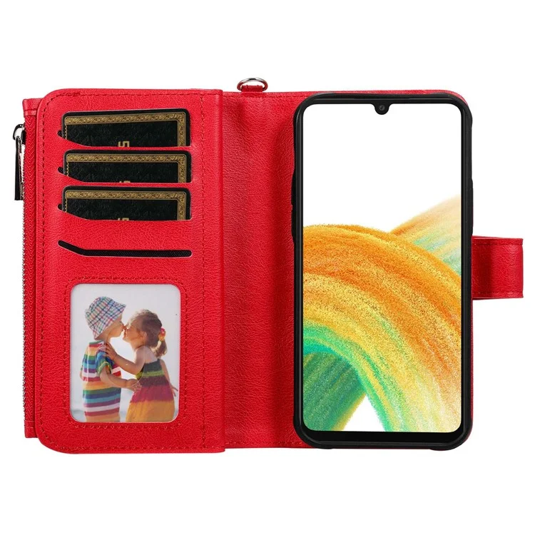 For Samsung Galaxy A33 5G Magnetic Leather Case Mobile Cover with Detachable Zipper Wallet Strap - Red