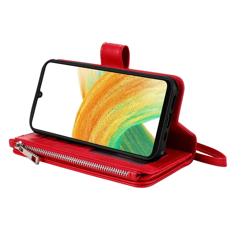 For Samsung Galaxy A33 5G Magnetic Leather Case Mobile Cover with Detachable Zipper Wallet Strap - Red