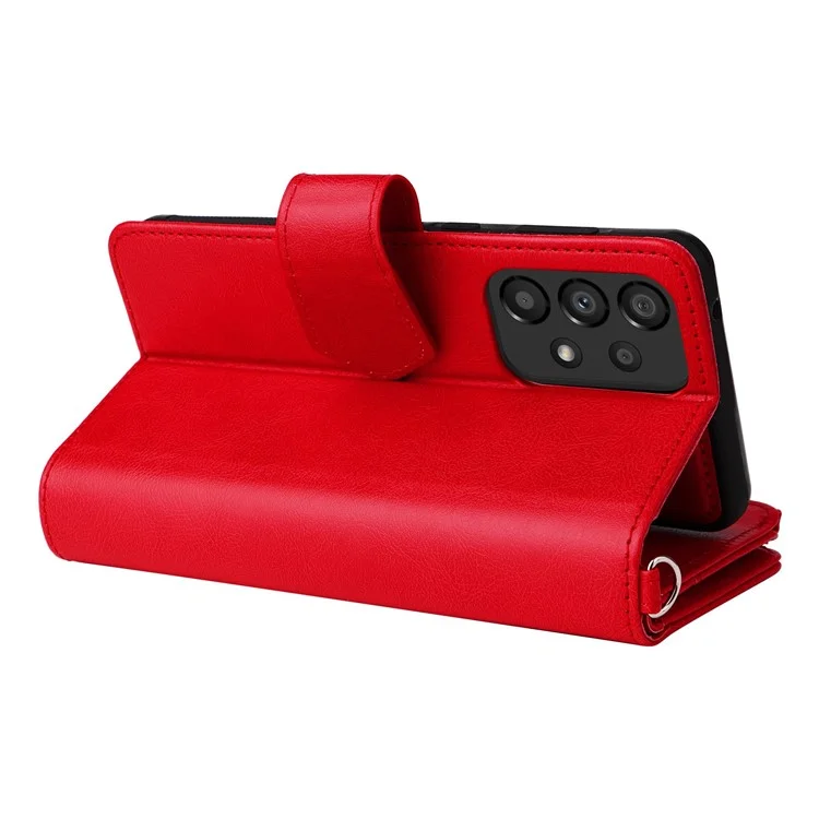 For Samsung Galaxy A33 5G Magnetic Leather Case Mobile Cover with Detachable Zipper Wallet Strap - Red