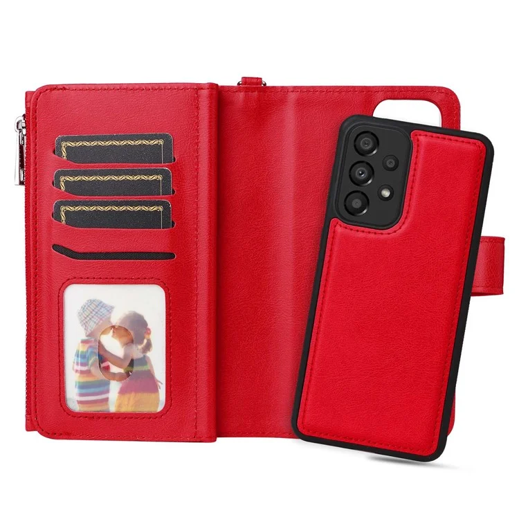 For Samsung Galaxy A33 5G Magnetic Leather Case Mobile Cover with Detachable Zipper Wallet Strap - Red