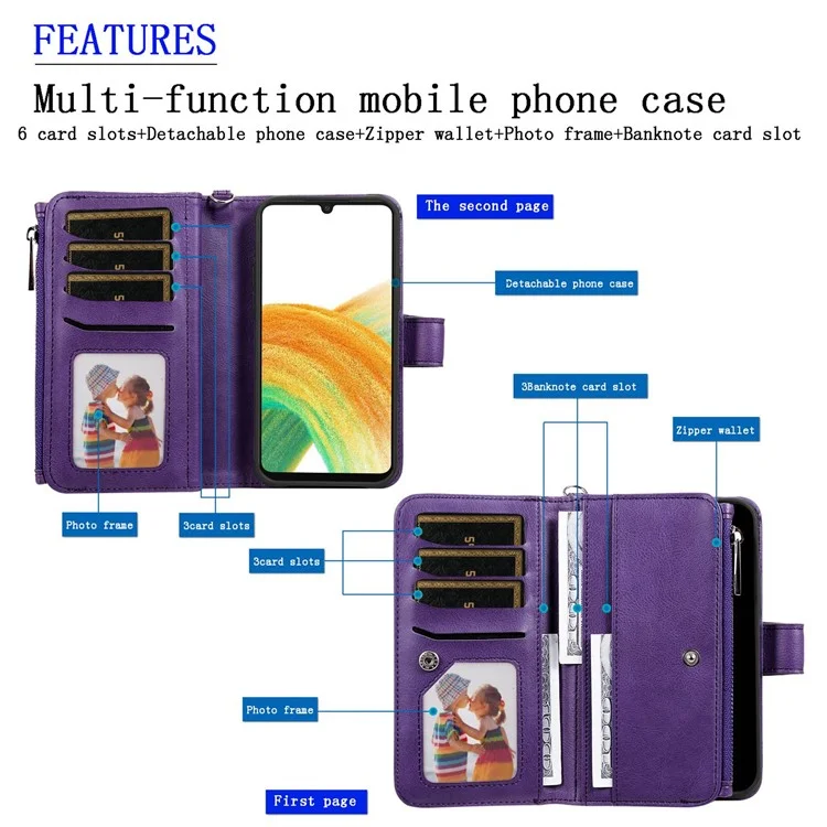 For Samsung Galaxy A33 5G Magnetic Leather Case Mobile Cover with Detachable Zipper Wallet Strap - Red