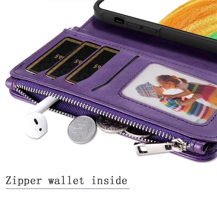 For Samsung Galaxy A33 5G Magnetic Leather Case Mobile Cover with Detachable Zipper Wallet Strap - Red