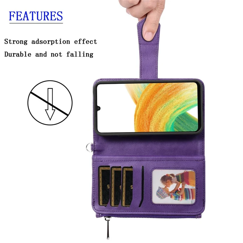 For Samsung Galaxy A33 5G Magnetic Leather Case Mobile Cover with Detachable Zipper Wallet Strap - Rose Gold