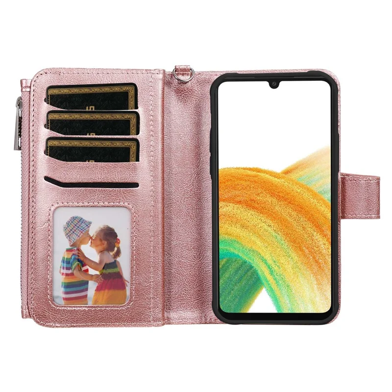 For Samsung Galaxy A33 5G Magnetic Leather Case Mobile Cover with Detachable Zipper Wallet Strap - Rose Gold
