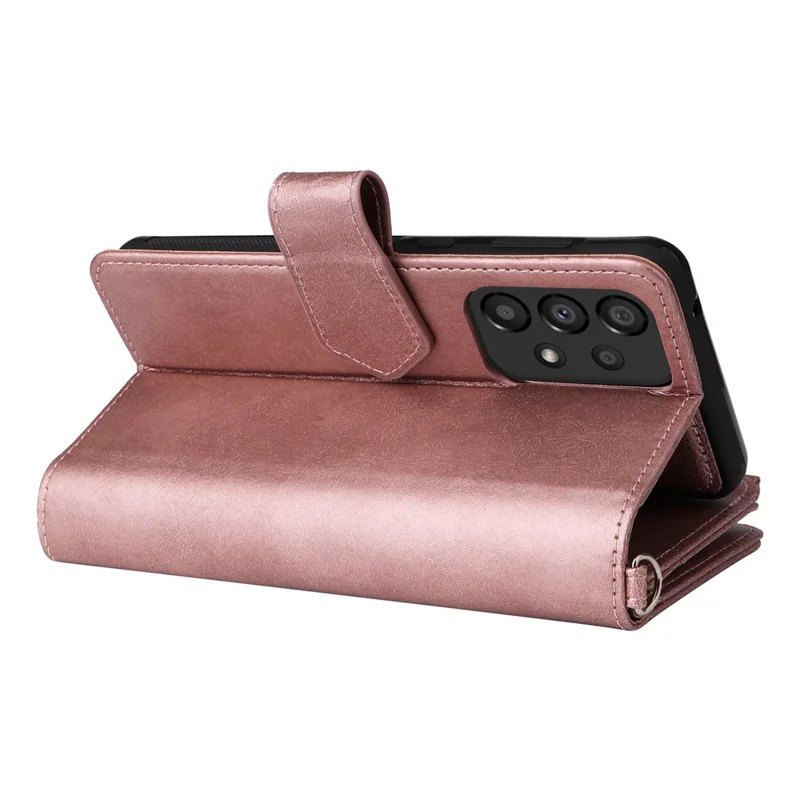 For Samsung Galaxy A33 5G Magnetic Leather Case Mobile Cover with Detachable Zipper Wallet Strap - Rose Gold
