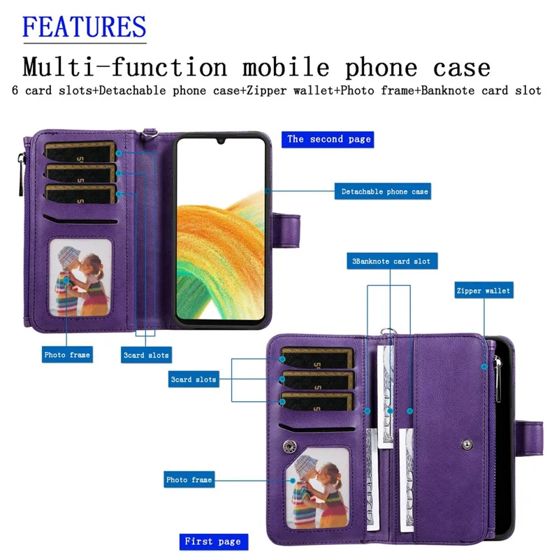 For Samsung Galaxy A33 5G Magnetic Leather Case Mobile Cover with Detachable Zipper Wallet Strap - Rose Gold