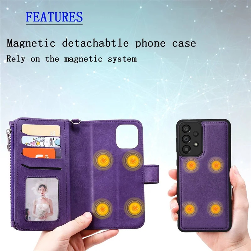 For Samsung Galaxy A33 5G Magnetic Leather Case Mobile Cover with Detachable Zipper Wallet Strap - Rose Gold