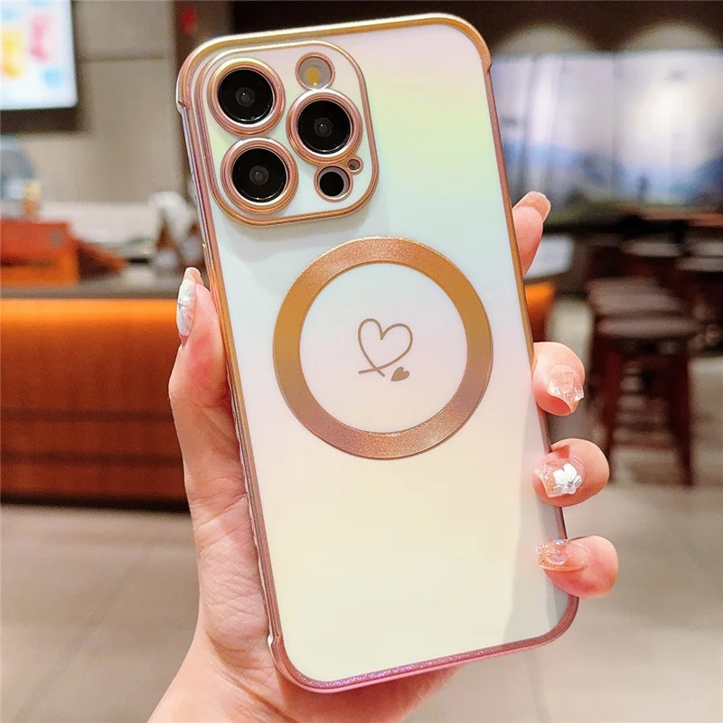 Pour iPhone 13 Pro Magnetic Case TPU Phone Cover Love Hearts Rainbow Raised Lens Protection - Colorful White