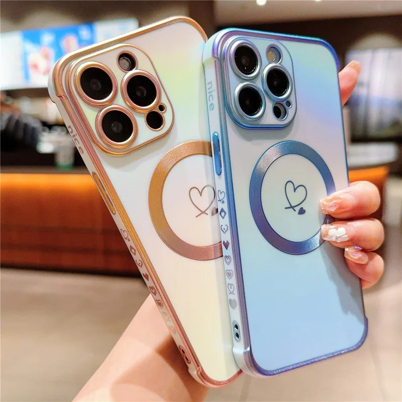 Pour iPhone 13 Pro Magnetic Case TPU Phone Cover Love Hearts Rainbow Raised Lens Protection - Colorful White
