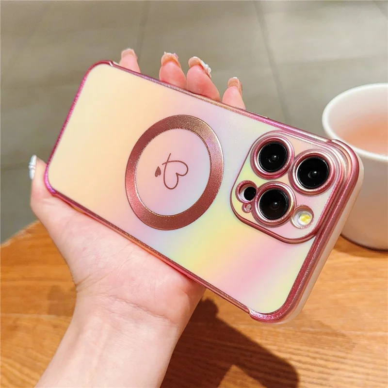 Pour iPhone 13 Pro Magnetic Case TPU Phone Cover Love Hearts Rainbow Raised Lens Protection - Colorful Pink