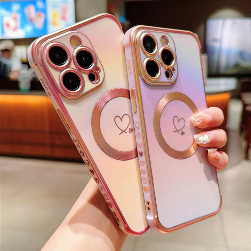 Pour iPhone 13 Pro Magnetic Case TPU Phone Cover Love Hearts Rainbow Raised Lens Protection - Colorful Pink