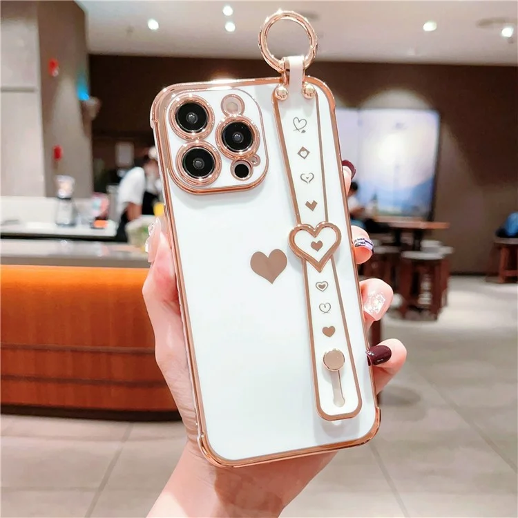 Für iPhone 13 Pro Case Love Heart Pattern TPU Phone Cover Wristband Finger Holder - Elfenbeinweiß