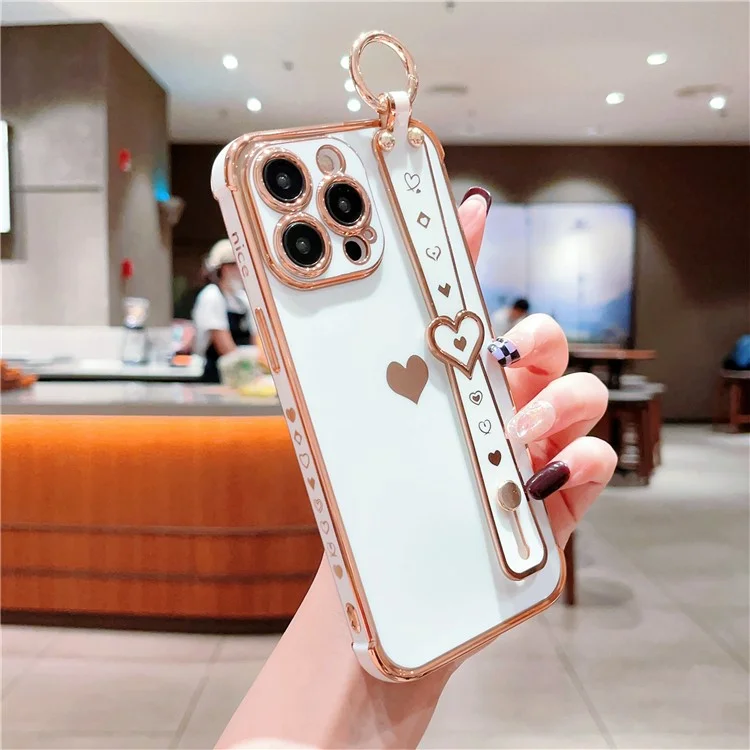 Für iPhone 13 Pro Case Love Heart Pattern TPU Phone Cover Wristband Finger Holder - Elfenbeinweiß