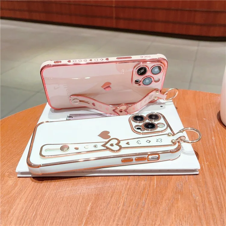 Für iPhone 13 Pro Case Love Heart Pattern TPU Phone Cover Wristband Finger Holder - Elfenbeinweiß