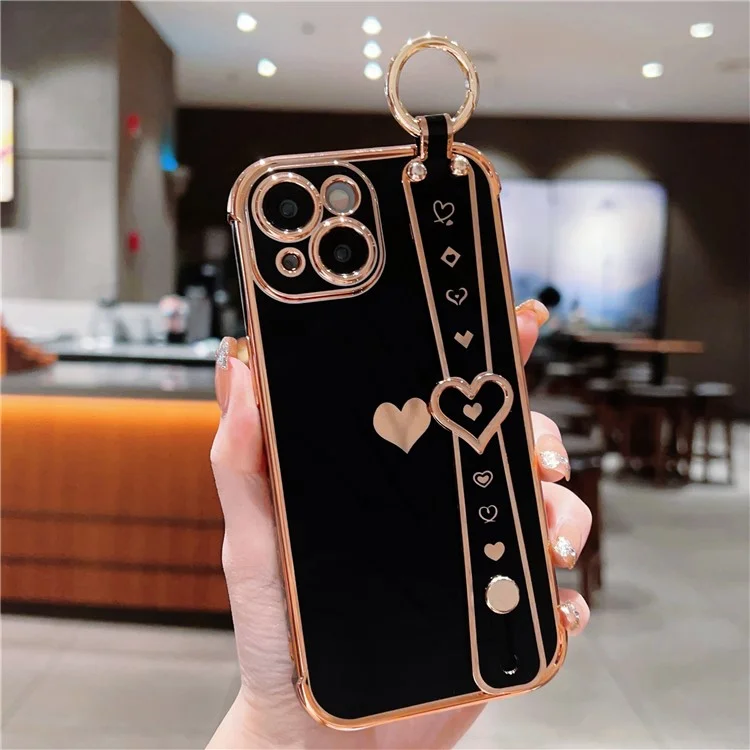Für iPhone 13 Case Love Heart Pattern TPU Handyhülle Armband Finger Halter - Schwarz