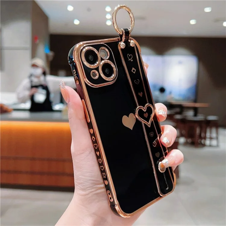 Für iPhone 13 Case Love Heart Pattern TPU Handyhülle Armband Finger Halter - Schwarz