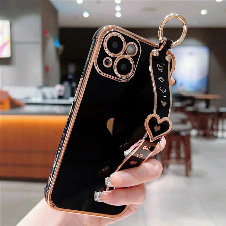 Für iPhone 13 Case Love Heart Pattern TPU Handyhülle Armband Finger Halter - Schwarz