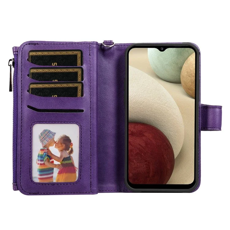KT Serie multifuncional-4 para Samsung Galaxy A12 Funda billetera desmontable de 2 en 1 de piel sintética con soporte y bolsillo con cremallera - Púrpura