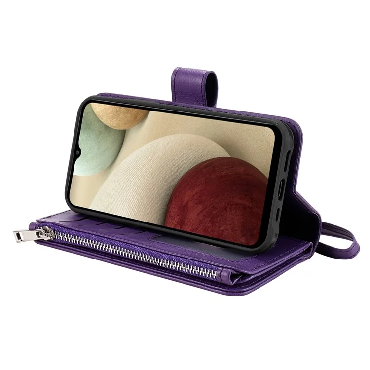 KT Serie multifuncional-4 para Samsung Galaxy A12 Funda billetera desmontable de 2 en 1 de piel sintética con soporte y bolsillo con cremallera - Púrpura