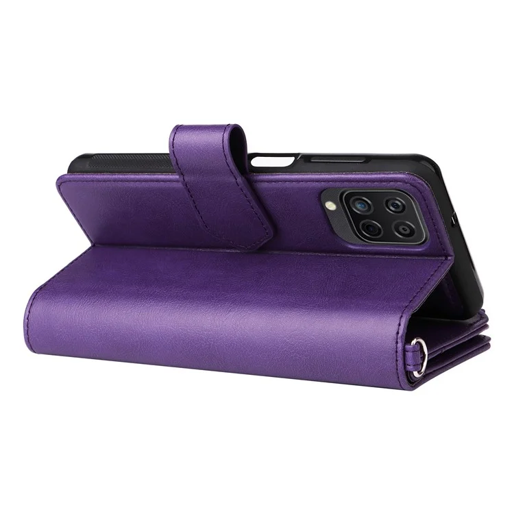 KT Serie multifuncional-4 para Samsung Galaxy A12 Funda billetera desmontable de 2 en 1 de piel sintética con soporte y bolsillo con cremallera - Púrpura