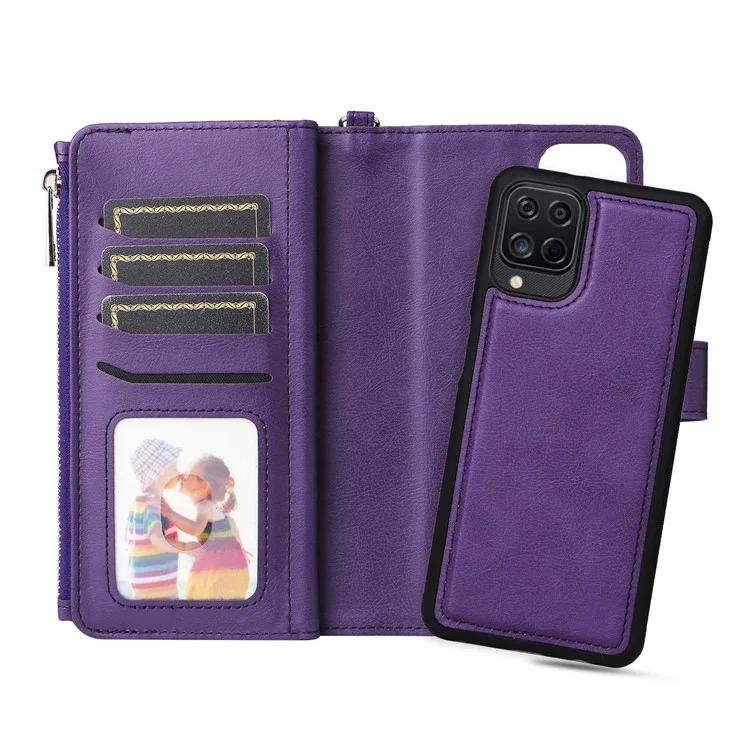 KT Serie multifuncional-4 para Samsung Galaxy A12 Funda billetera desmontable de 2 en 1 de piel sintética con soporte y bolsillo con cremallera - Púrpura