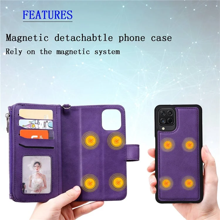 For Samsung Galaxy A12 Magnetic Leather Case Mobile Cover with Detachable Zipper Wallet Strap - Black